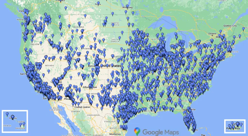 Locations were service is provided by 2pifi, showing pins in nearly every populated area of the United States, Puerto Rico, Hawaii. Alaska is not shown but there is also coverage there.